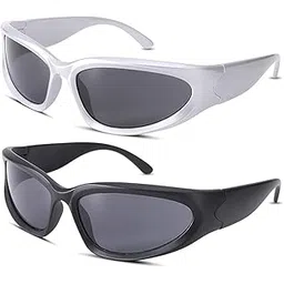 elligator Wrap Around Sunglasses for Women & Men – Trendy Oval Sport Shades Black and Silver Frame Futuristic Sunglasses-picture-26