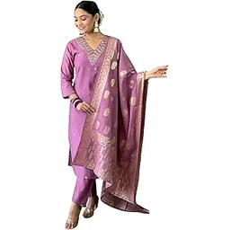 elliti Women's Pure Cotton Silk V-Neck 3/4th Sleeve Floral Embroidery Straight Salwar Suit Set with Pant-picture-20