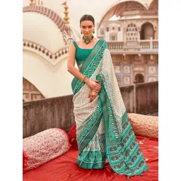 Elora Off White & Teal Blended Ikat Saree With Unstitched Blouse-picture-32