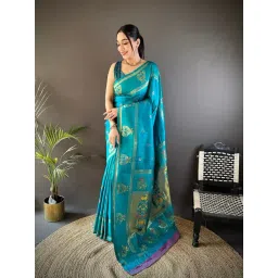 Elora Sky Blue Silk Ajrakh Banarasi Saree With Unstitched Blouse-picture-19