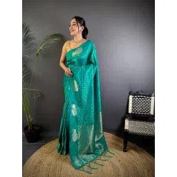 Elora Teal Lichi Silk Jacquard Zari Weaving Saree With Unstitched Blouse-picture-14