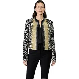 Embellished Leopard Print Jacket, Black Gold Silver, Beaded Trim, Open Front Blazer-picture-33