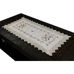 Embroidered Lace Table Runner for Center Table – Elegant Floral Design | Vintage Style Center Table Dcor for Home, Living Room, Festive & Daily Use | 15x33 inches | Brown Flower on Gold-picture-32