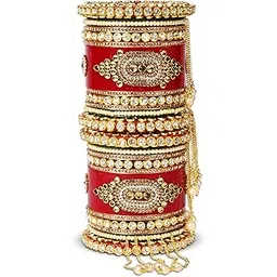emery Red Bridal Chuda Bangles Set - 22 Bangles with Pearl Latkan, Kada, and Unique Style Options - Kundan Zari Handwork, Ideal for Weddings, Engagements, and Festivals - Plastic Base,-picture-54