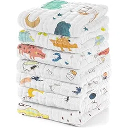 EMSAAG Muslin Animal Pattern Baby Washcloths Pack of 7 - Absorbent Baby Bath and Face Towels, 100% Cotton Baby Wipes, Burp Cloths, Feeding Towels for Babies and Infants - 10 x 10’ (Animal Pattern)-picture-10