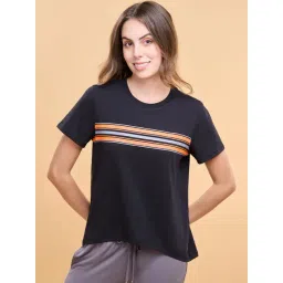 Enamor Jet Black Cotton Striped Lounge T-Shirt-picture-41