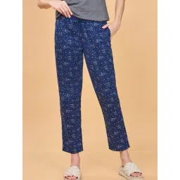 Enamor Medieval Blue Cotton Floral Print Lounge Track Pants-picture-17