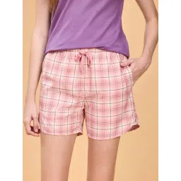 Enamor Peach Cotton Chequered Lounge Shorts-picture-32