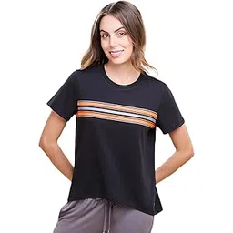 enamor Short Sleeve Crew Neck Regular Length High Low Striped T-Shirt for Women- Relaxed Fit, Soft and Breathable Stretch Cotton - E3S5-picture-22
