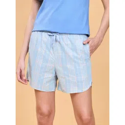 Enamor Sky Blue Cotton Chequered Lounge Shorts-picture-23