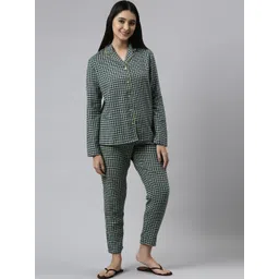 Enamor Women Navy Blue & Yellow Checked Night suit-picture-27