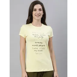 Enamor Women Yellow Typography Printed Slim Fit Cotton T-shirt-picture-11