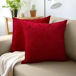 Encasa XO Luxury Embossed Velvet Cushion Covers - Plush Throw Pillow Covers for Elegant Living Rooms & Bedrooms, Machine Washable, 40x40 cm Red | Set of 2 | Covers Only No Insert-120 TC-picture-11