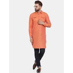Enchanted Drapes Men Orange Pure Cotton Pathani Kurta-picture-22