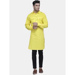 Enchanted Drapes Men Yellow Pure Cotton Pathani Kurta-picture-17