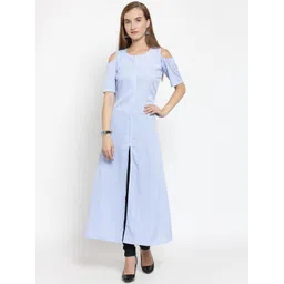Enchanted Drapes Women Blue & White Striped Cold-Shoulder Sleeves Pure Cotton A-line Kurta-picture-34