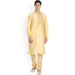 Enciger Men Gold-Toned Embroidered Thread Work Dupion Silk Kurta with Churidar-picture-22