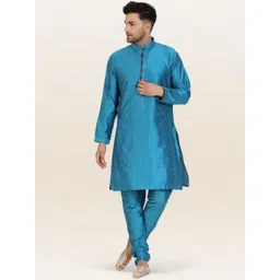 Enciger Men Turquoise Blue Dupion Silk Solid Kurta with Churidar-picture-22