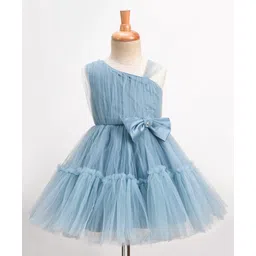 Enfance Sleeveless Stone Embellished Bow Applique Detailed Knee Length Mesh Yoke Dress - Blue-picture-14