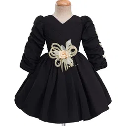 Enfance Three Fourth Sleeves Pearl Embellished Floral Applique Detailed Knee Length Dress - Black-picture-21