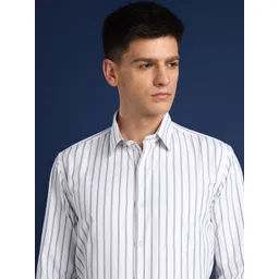 English Navy Men Wrinkle Free Vertical Striped Slim Fit Formal Shirt-picture-41
