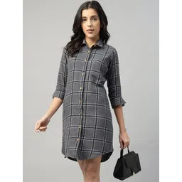 English Navy Women Plaided Checked Pure Cotton Formal Shirt Dress-picture-26