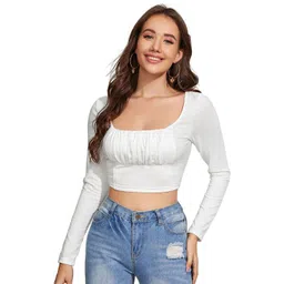 Enmozz Women Solid Square Neck Long Sleeves Gathered or Pleated Crop Top-picture-12