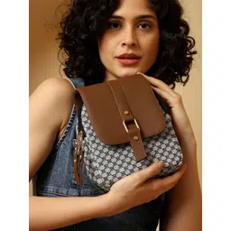 ENSAC Brown & Black Solid Checked Printed Detachable Sling Strap Quilted Tote Bag-picture-24
