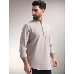 ENSPYR Men Grey Solid Cotton Straight Kurtas-image-4