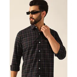 ENSPYR Men Navy Blue Checked Spread Collar Long Sleeves Cotton Shirt-picture-40