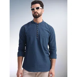 ENSPYR Men Teal Solid Cotton Straight Kurtas-image-0