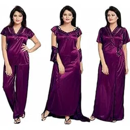 ERAD Women's Satin Nighty Set (Set of 6) - Luxurious Maroon Color Sleepwear for Ultimate Comfort and Elegance-image-3