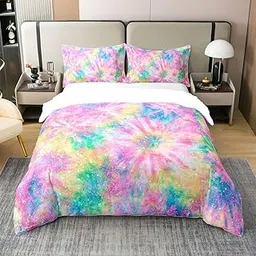 Erosebridal Kids Tie Dye Pink 100% Cotton Duvet Cover Full Size for Girls Women Batik Bedding Set Trippy Gypsy Pastel Comforter Cover Watercolor Psychedelic Quilt Cover with 2 Pillowcases Room Decor-picture-12