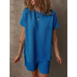 Errabelly Bluing Solid Textured Crew Neck Short Set-picture-30