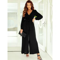 Errabelly Women Black Cut-Out Back Belted V-Neck Wide Leg Jumpsuit-image-3