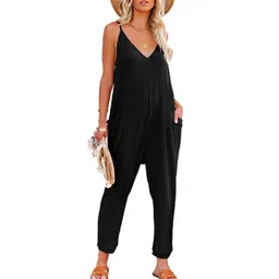 Errabelly Women Black textured sleeveless v neck pocketed casual jumpsuit-picture-14