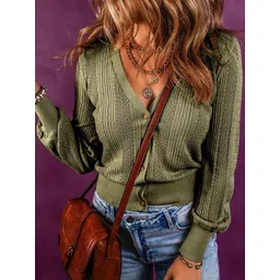 Errabelly Women Self Design Cable Knit V-Neck Cardigan-picture-10