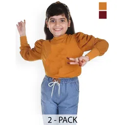 ERUDITE CLUB Girls Pack of 2 Solid Puff Sleeve Cotton Blend Tops-picture-34