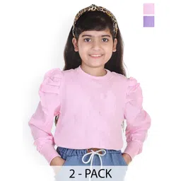 ERUDITE CLUB Girls Pack of 2 Solid Puff Sleeve Cotton Blend Tops-picture-33