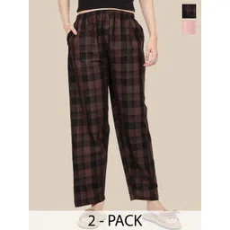 Esplendido Women Pack Of 2 Checked Cotton Mid-Rise Straight Lounge Pants-picture-18