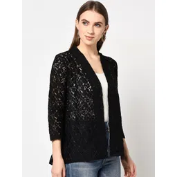Espresso Women Black Self Design Lace Open Front Shrug image 2