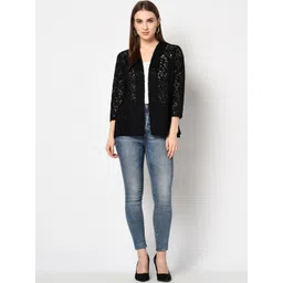 Espresso Women Black Self Design Lace Open Front Shrug image 3