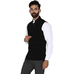 essentiele Men's Jet Black Dobby Self Stripe Wool Tweed Bandhgala Ethnic Nehru Jacket-picture-22