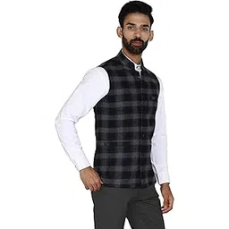 essentiele Men's Olive Green Checkered Wool Bandhgala Ethnic Nehru Jacket-picture-39