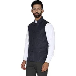 essentiele Men's Olive Green Checkered Wool Bandhgala Ethnic Nehru Jacket-picture-38
