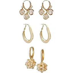 estailo Set Of 3 Alloy Gold-Plated Pearls Beaded Floral Hoop Earrings | Earring For Womens And Girls | Elegance For Every Occasion-picture-24