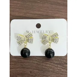 Estailo fashion Gold-Plated Artificial Stones Studded And Beaded Spherical Drop Earrings-image-5