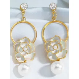 Estailo fashion Gold Plated Artificial Stones Studded & Pearls Beaded Floral Drop Earrings-picture-17