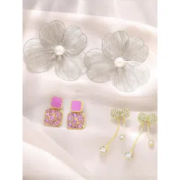 Estailo fashion Set Of 3 Gold-Plated Artificial Stones Studded & Beaded Bow Shaped Studs-picture-36