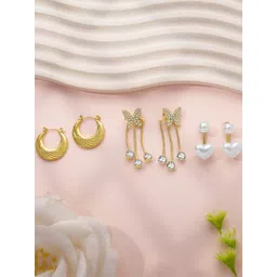 Estailo fashion Set Of 3 Gold-Plated Artificial Stones Studded & Beaded Heart Shaped Studs-picture-40